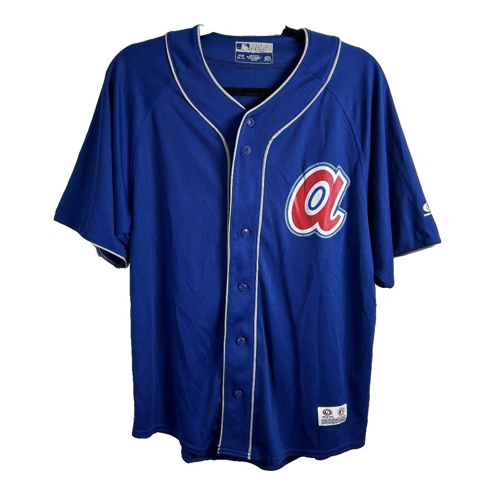 True Fan Atlanta Braves MLB Baseball Jersey Blue Silver‎ Piping Mens Medium M